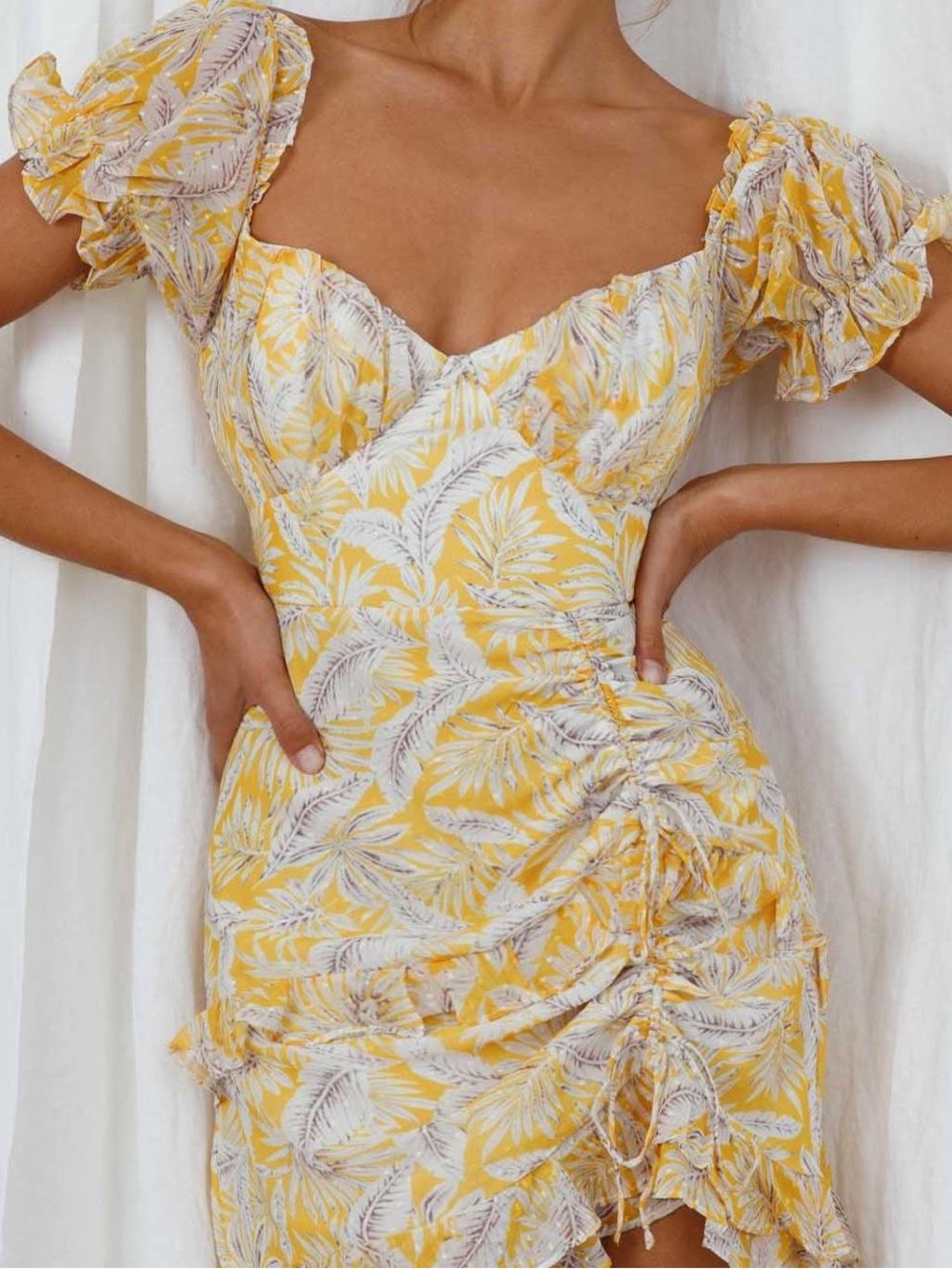 Goodnight Macaroon Yellow Leaf-Print Ruched Mini Dress
